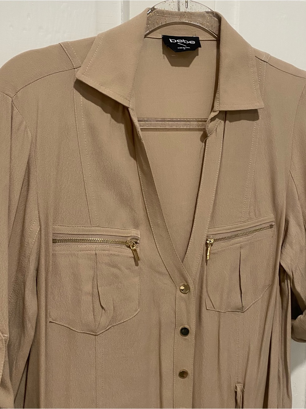 Bebe Taupe Button-Front shirt Dress with Gold Zippers